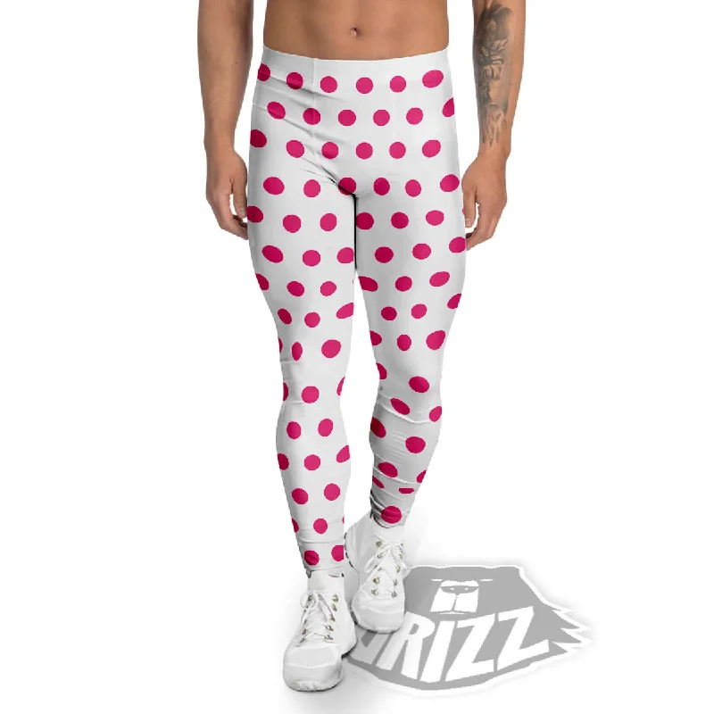 Polka Dot White And Pink Print Pattern Men's Leggings