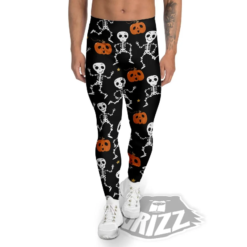 Pumpkin And Skeleton Halloween Print Men's Leggings