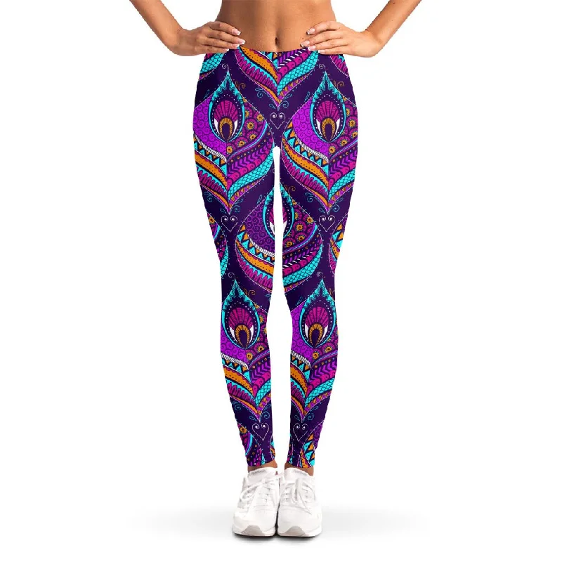 Purple Bohemian Peacock Feather Print Women's Leggings