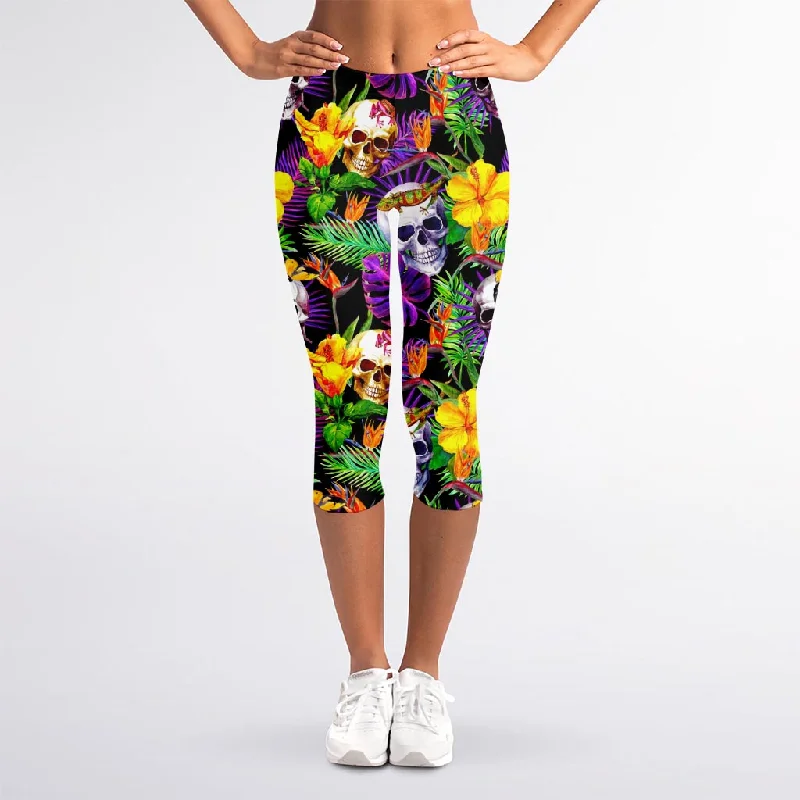 Purple Tropical Skull Pattern Print Women's Capri Leggings