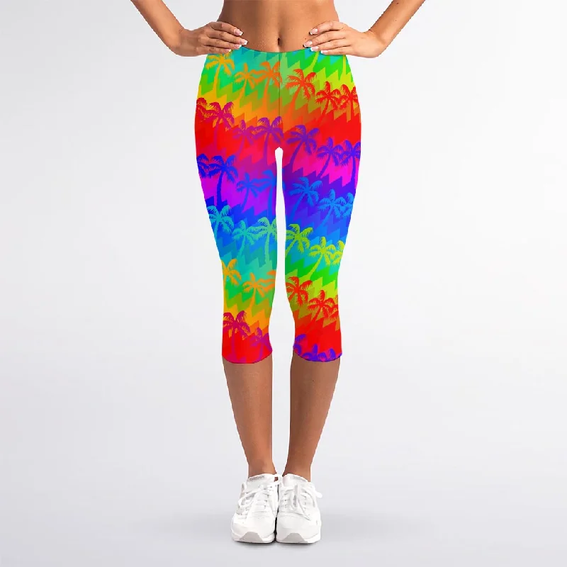 Rainbow Palm Tree Pattern Print Women's Capri Leggings