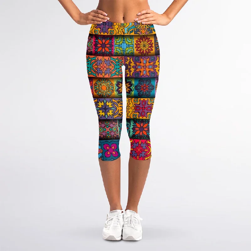 Rectangle Mandala Bohemian Pattern Print Women's Capri Leggings