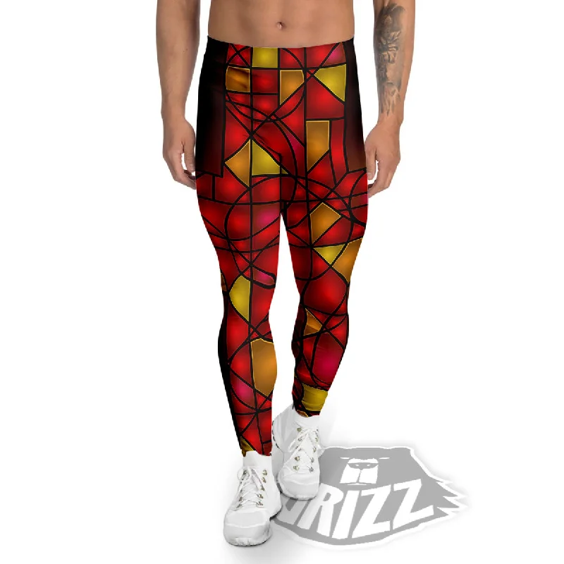 Red And Orange Cross Stained Glass Print Men's Leggings