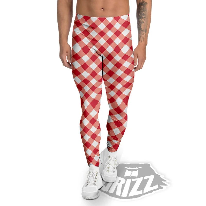 Red Lava And White Gingham Print Men's Leggings