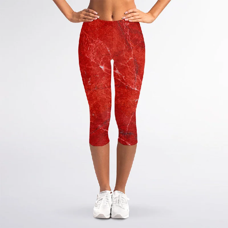 Red Marble Print Women's Capri Leggings