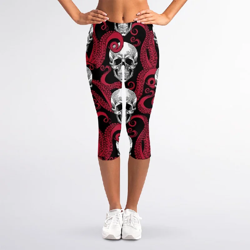 Red Octopus Skull Pattern Print Women's Capri Leggings