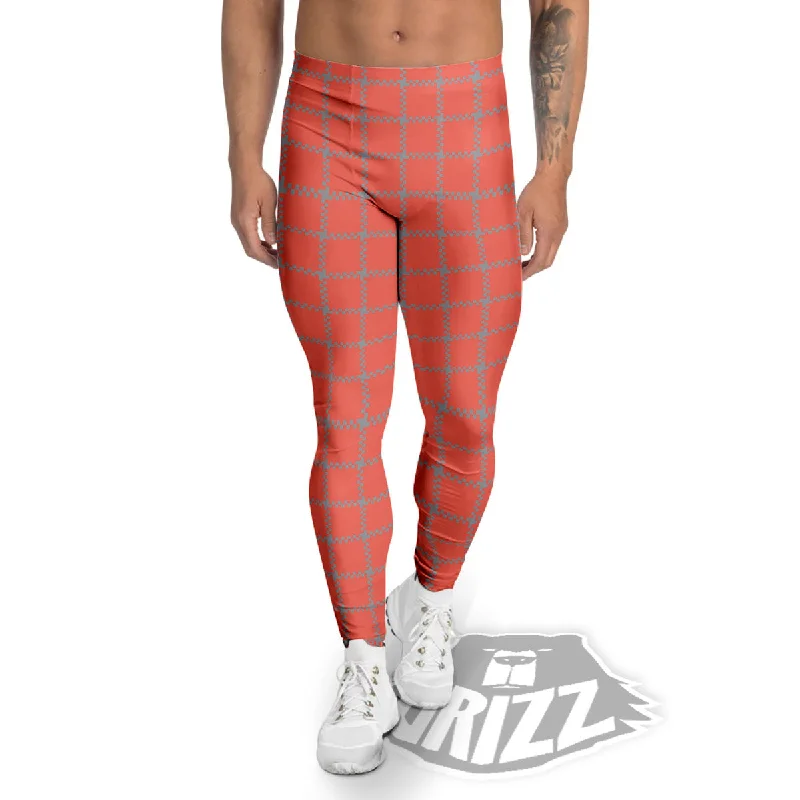 Red Pastel And Grey Tattersall Print Men's Leggings