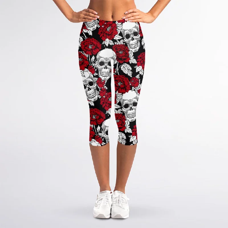 Red Peony Skull Pattern Print Women's Capri Leggings