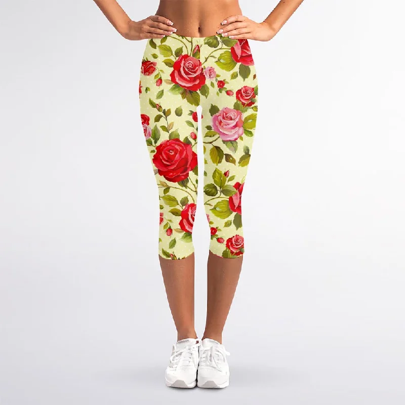 Red Pink Rose Floral Pattern Print Women's Capri Leggings