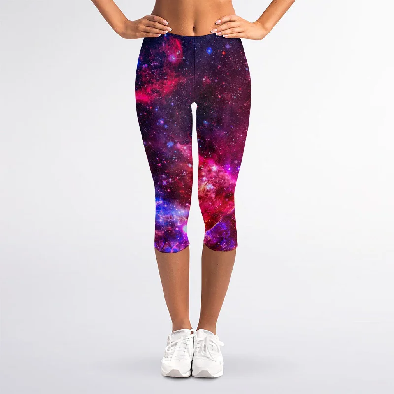 Red Purple Nebula Galaxy Space Print Women's Capri Leggings