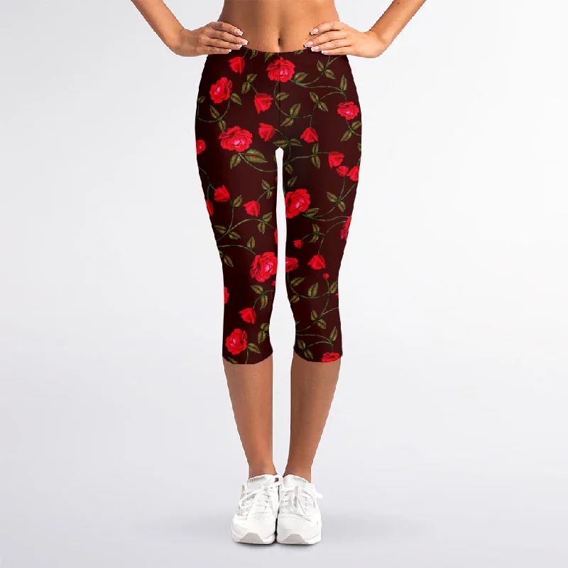 Red Rose Floral Flower Pattern Print Women's Capri Leggings