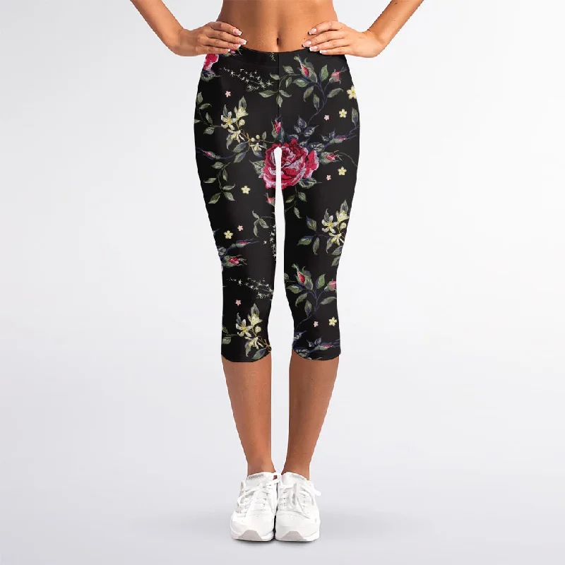 Red Rose Floral Pattern Print Women's Capri Leggings