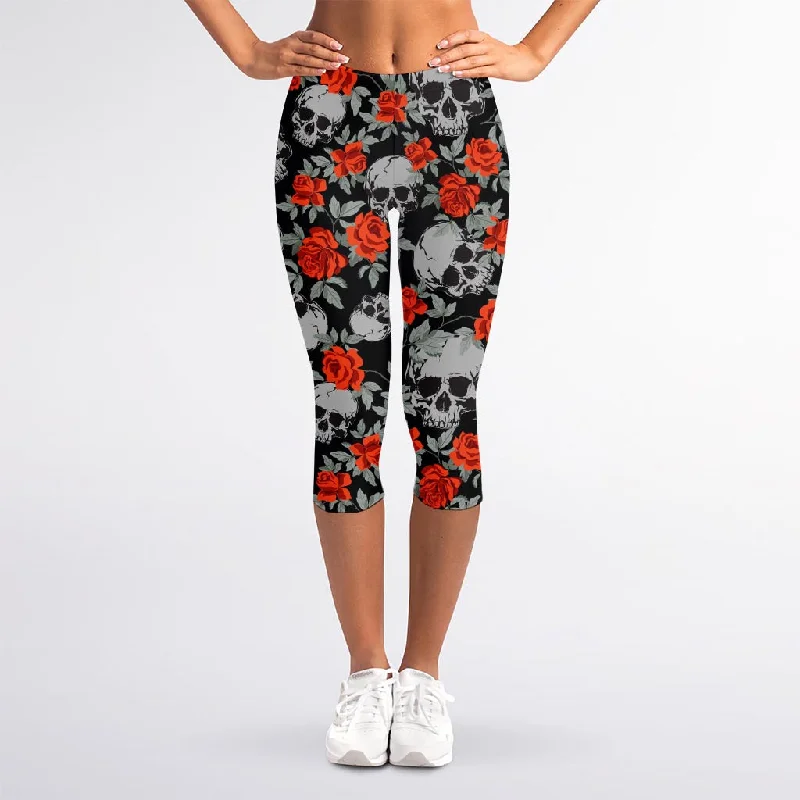 Red Rose Grey Skull Pattern Print Women's Capri Leggings