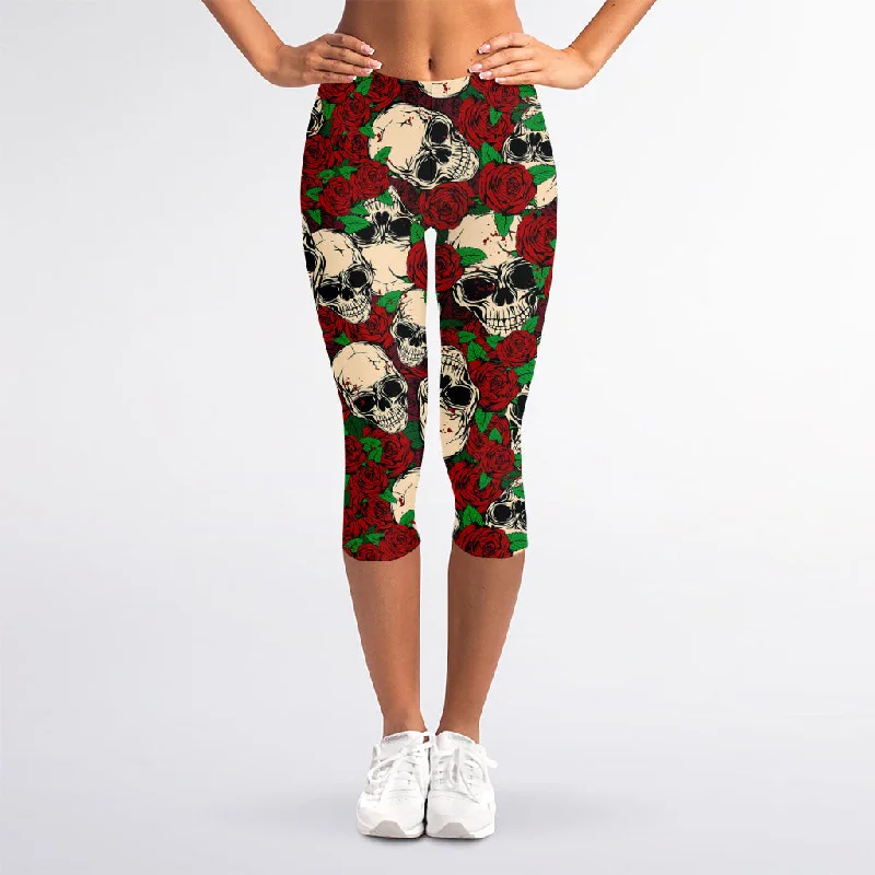 Red Rose Skull Pattern Print Women's Capri Leggings