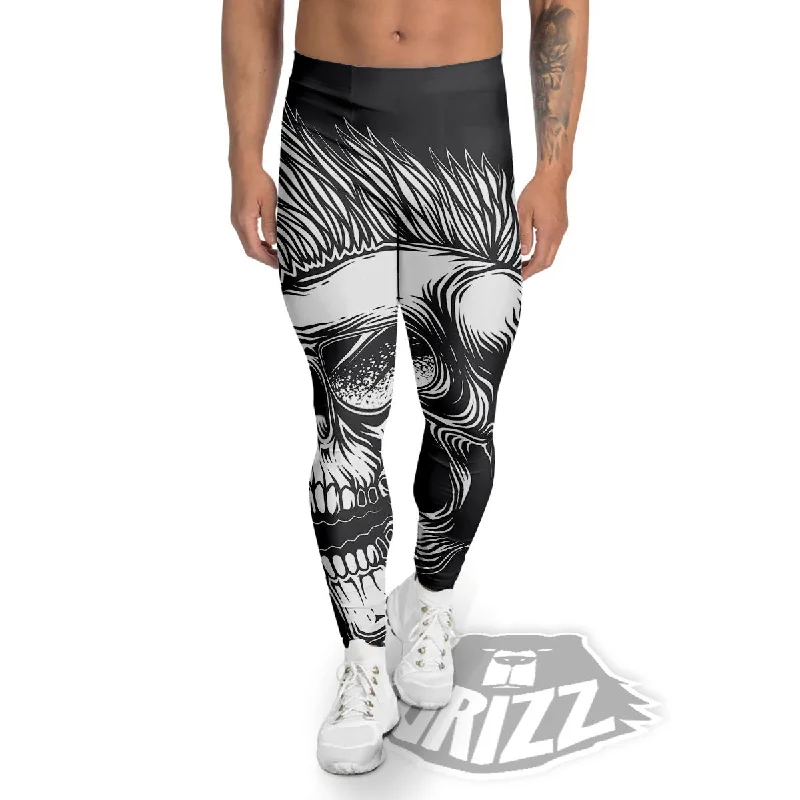 Skull Punk Monochrome Print Men's Leggings