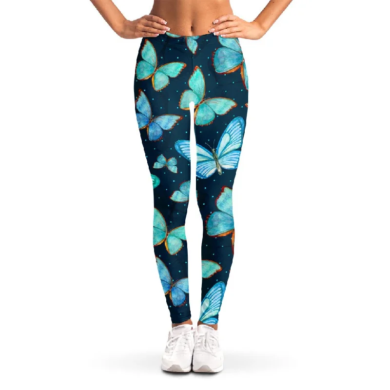 Watercolor Blue Butterfly Pattern Print Women's Leggings