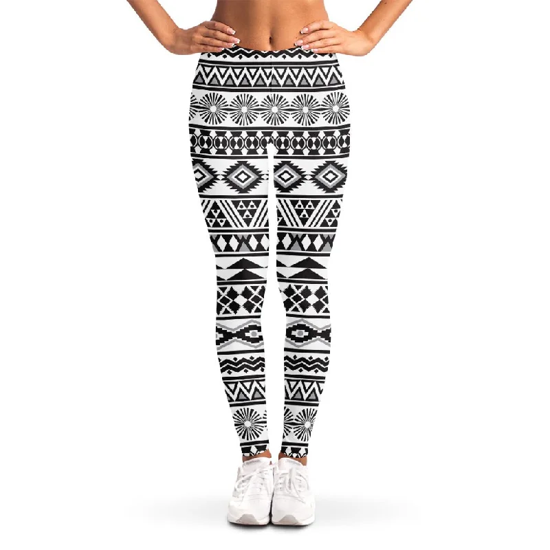 White And Grey Aztec Pattern Print Women's Leggings