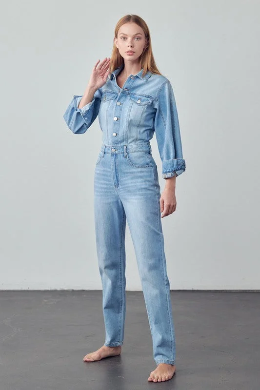 Denim Balloon Sleeve Jumpsuit