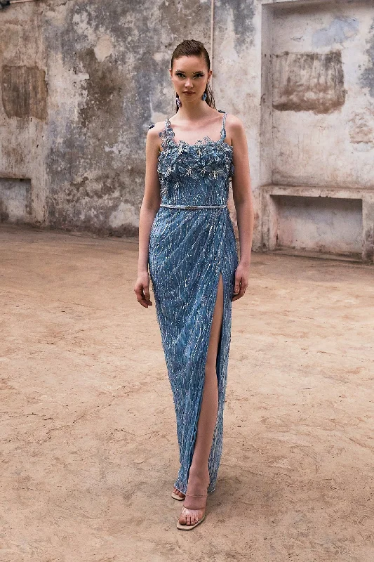 Blue Draped Gown With Thigh High Slit