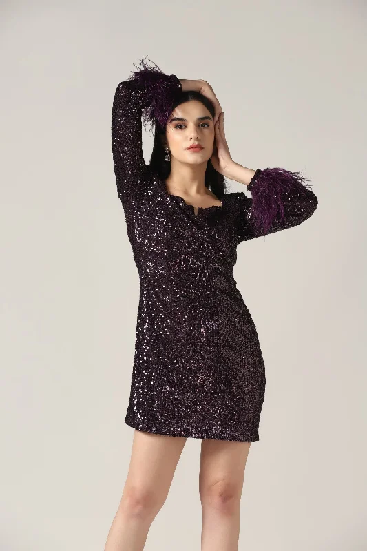 Brinjal Sequin Dress With Feathers