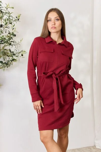 Miri Full Size Tie Front Half Zip Long Sleeve Shirt Dress