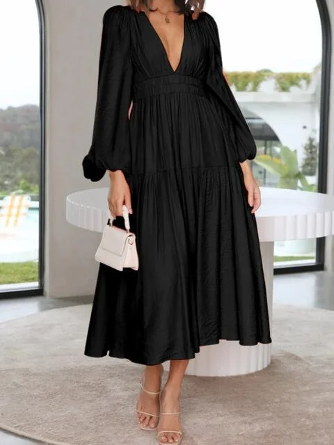 Tristan Deep V-Neck Balloon Sleeve Plain Maxi Dress