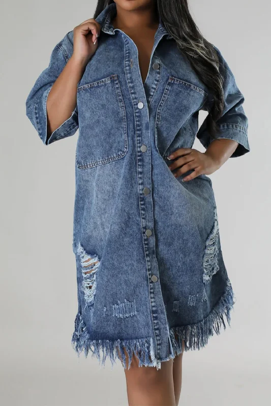 Gabe Distressed Raw Hem Button Up Denim Dress