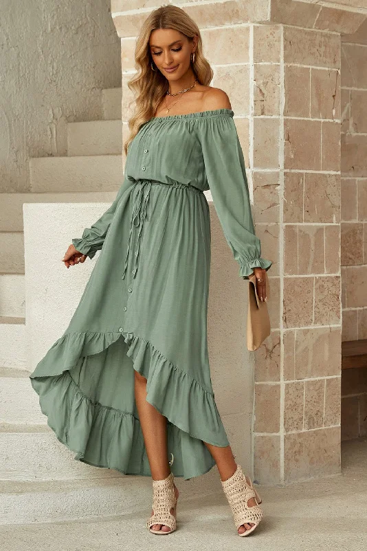 Devonne Drawstring Off-Shoulder Flounce Sleeve Dress