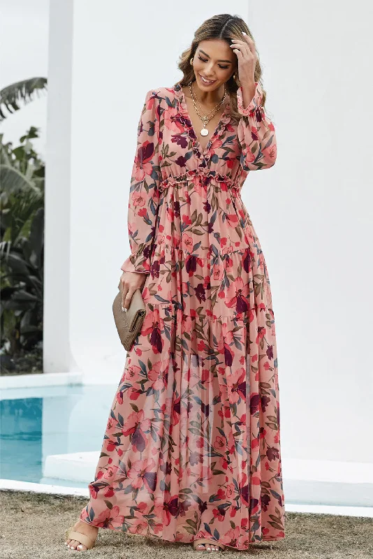 Charlie Floral Frill Trim Flounce Sleeve Plunge Maxi Dress