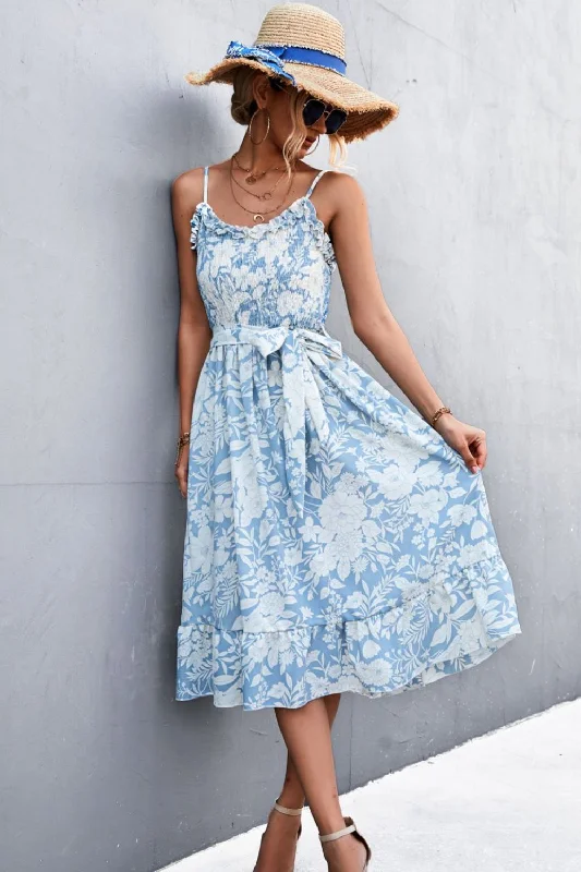 Salma Floral Frill Trim Scoop Neck Spaghetti Strap Dress