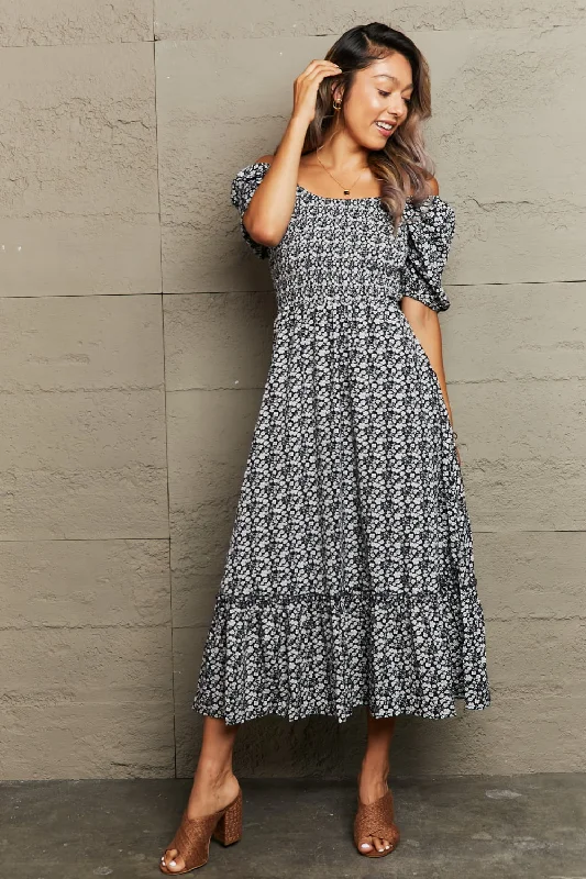 Lynette Floral Lace-Up Off-Shoulder Midi Dress