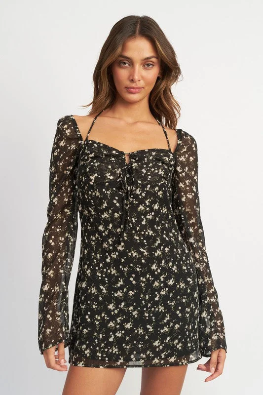 BLACK FLORAL LONG SLEEVE DRESS WITH HALTER DETAIL