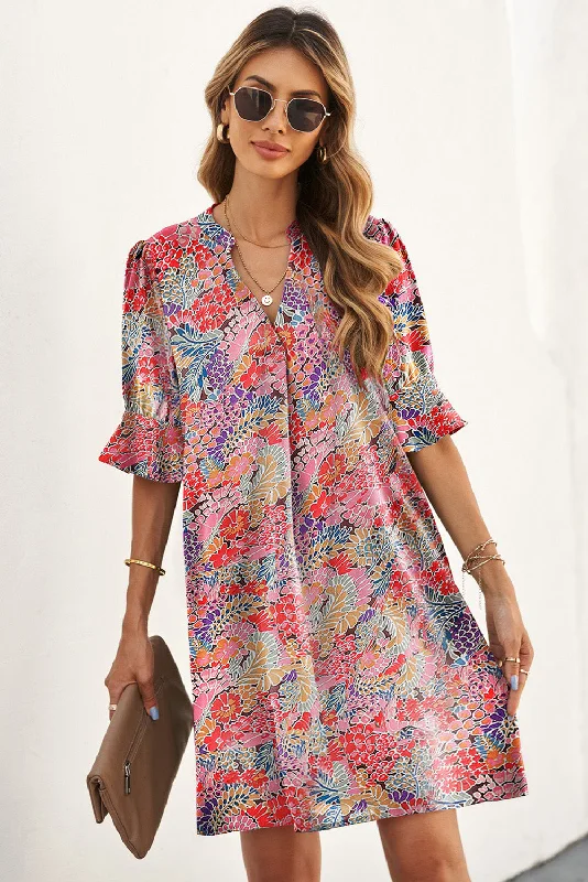 Tori Floral Notched Neck Flounce Sleeve Shift Dress