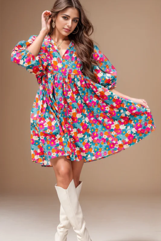 Avela Floral Tie Neck Puff Sleeve Mini Dress