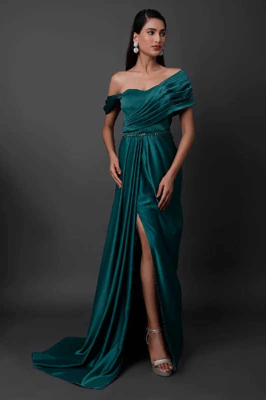 Green Satin Draped Gown