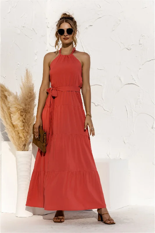 Porsha Halter Neck Tie Waist Tiered Maxi Dress