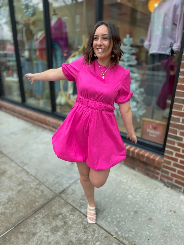 Hot Pink Bubble Hem Waisted Dress