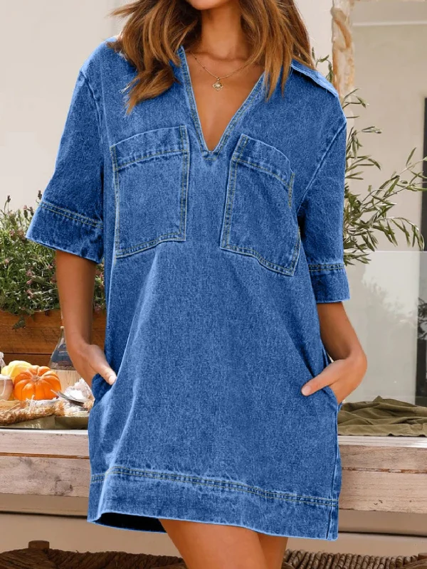 Zada Johnny Collar Half Sleeve Denim Dress