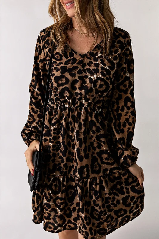 Joan Leopard V-Neck Balloon Sleeve Tiered Dress