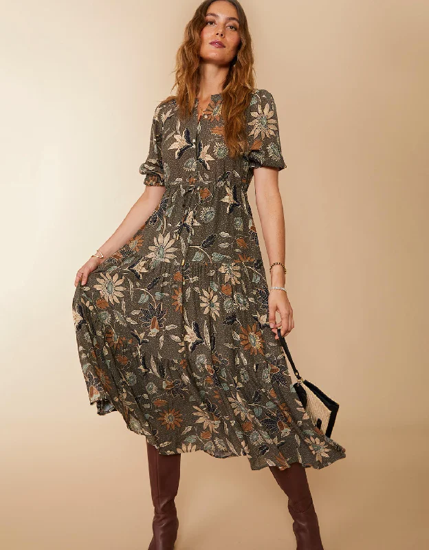 Lynette Midi Dress Botanic Garden Boho Floral Gray