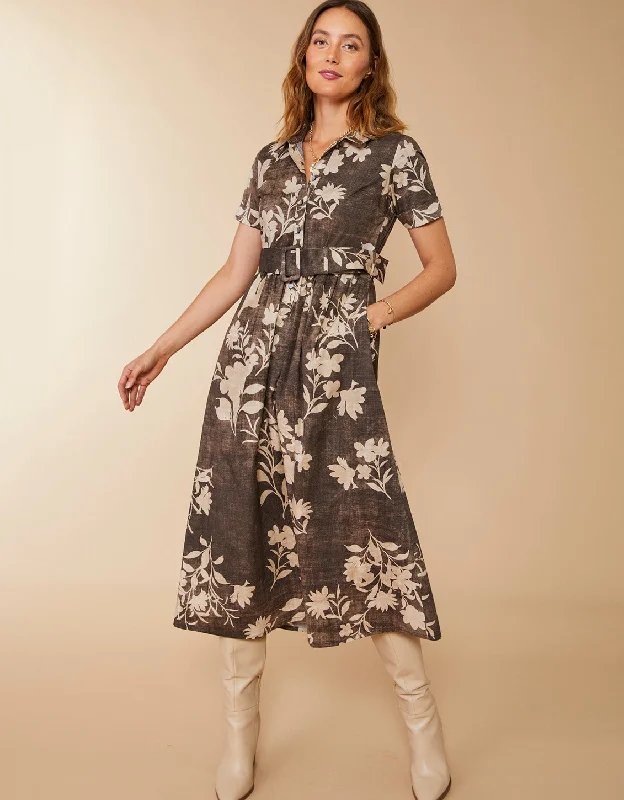 Maryam Poplin Midi Dress Botanic Garden Floral Cascade Gray