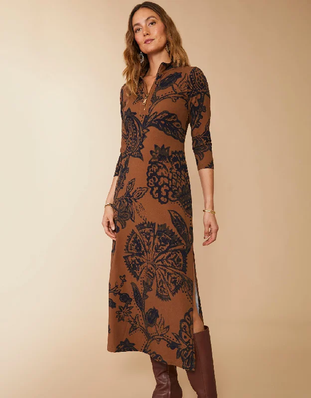 Nora Half-Zip Midi Dress Botanic Garden Brown Woodblock Jacobean