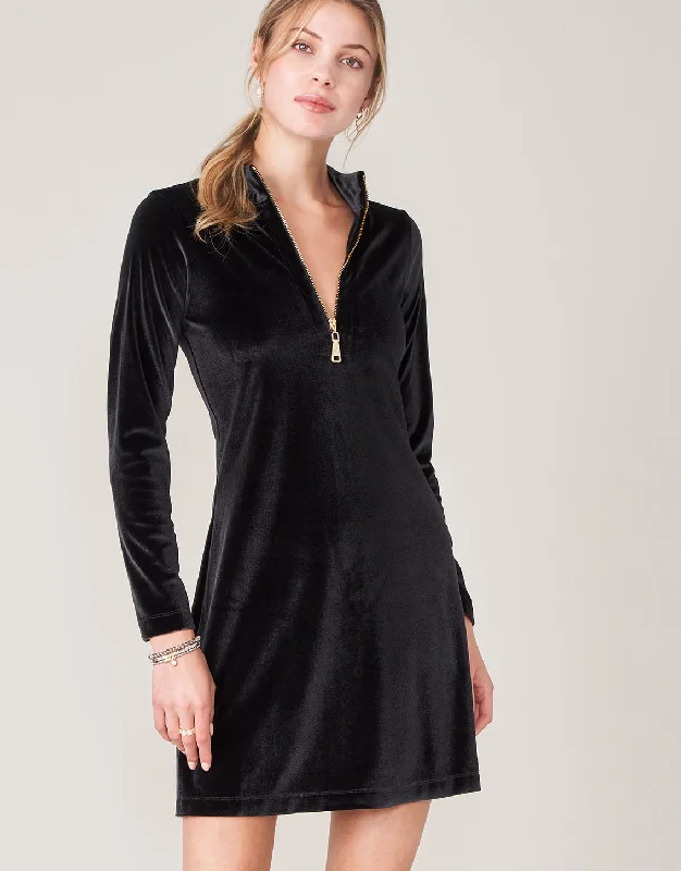 Nora Half-Zip Stretch Velvet Dress Black