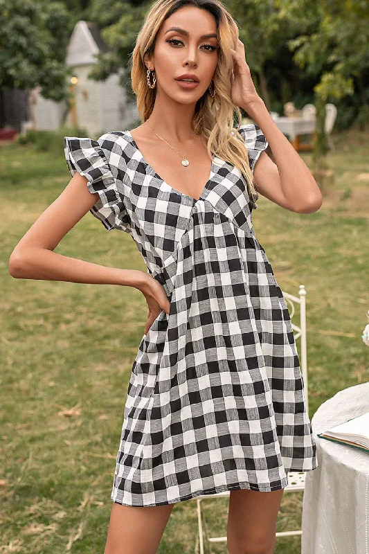 Wren Plaid Butterfly Sleeve Deep V Dress