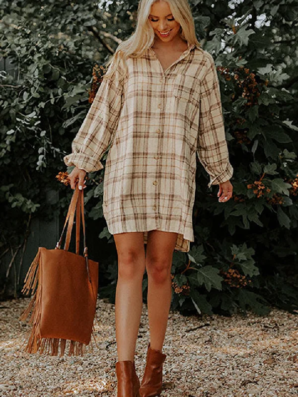 Diana Plaid Collared Neck Long Sleeve Shirt Dress