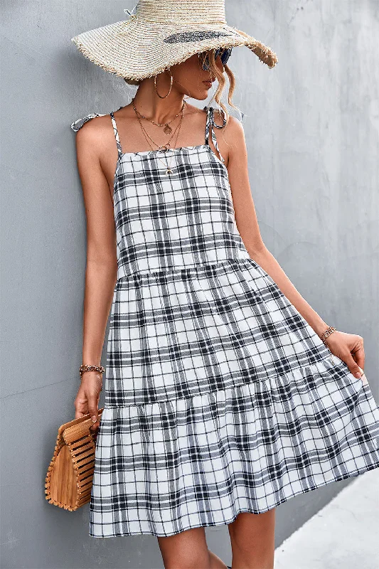 Jill Plaid Tie-Shoulder Tiered Dress