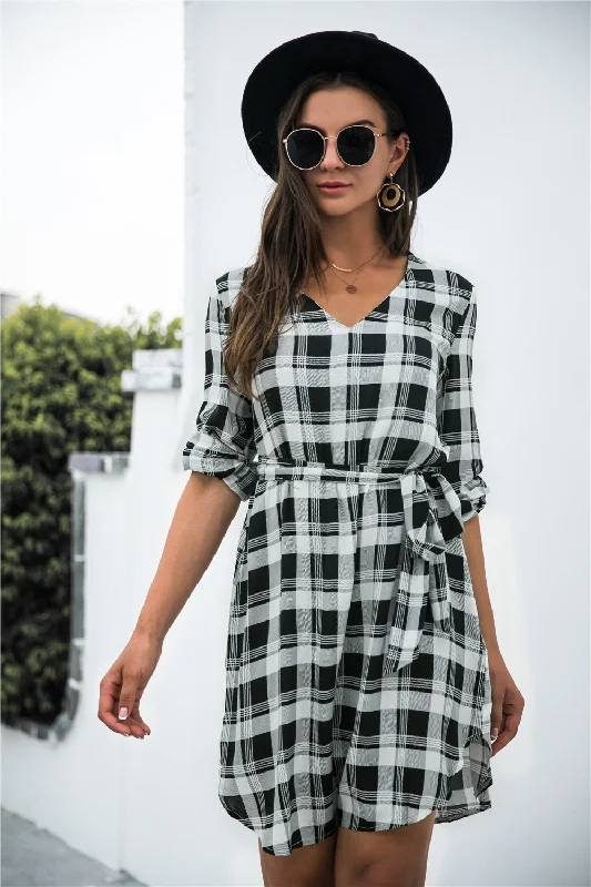 Ryn Plaid V-Neck Tie Waist Dress