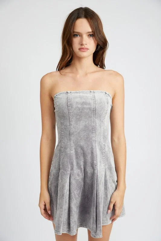 GREY PLEATED STRAPLESS MINI DRESS