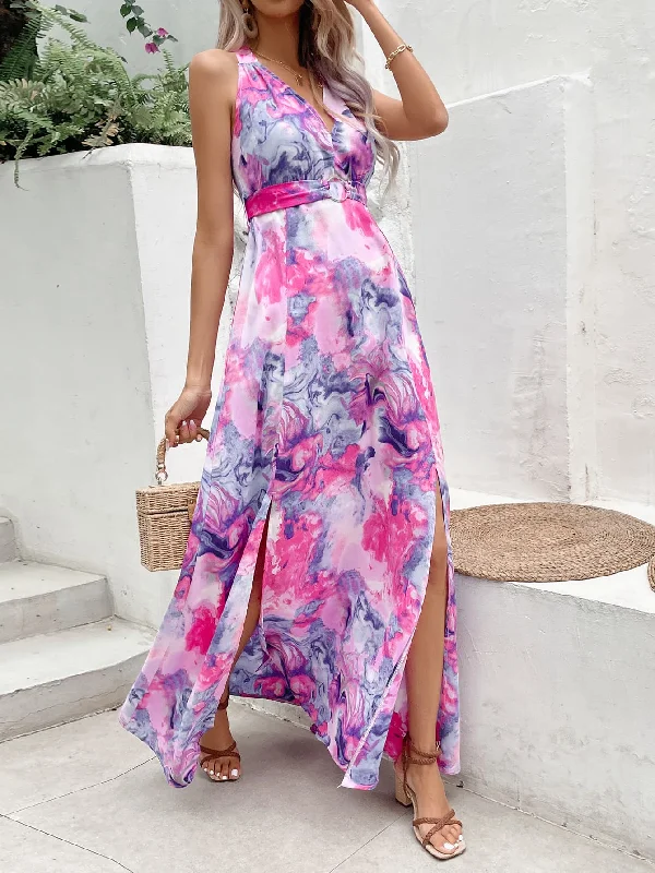 Virginia Printed Open Back Slit Sleeveless Dress