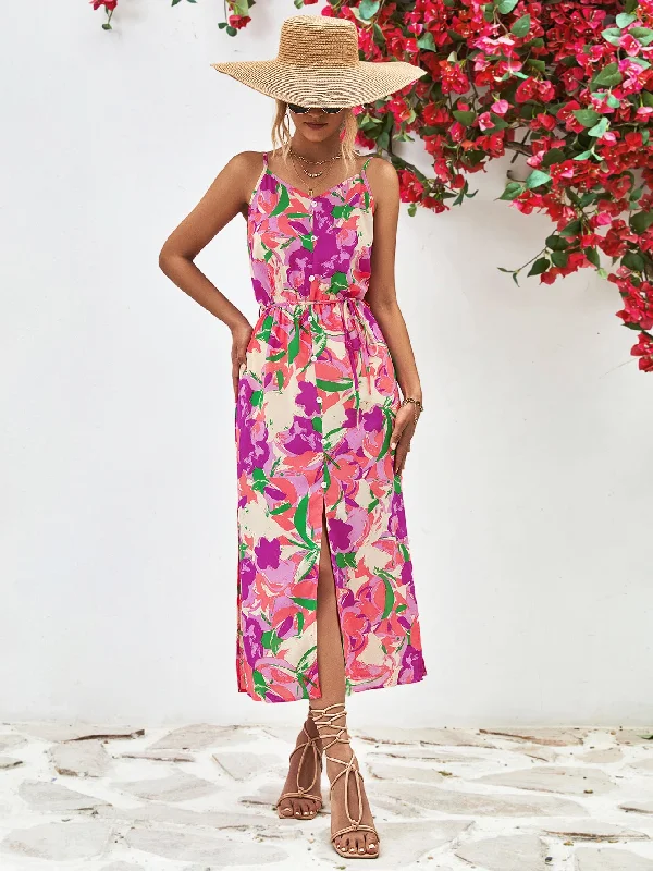 Valerie Printed Spaghetti Strap Front Slit Dress